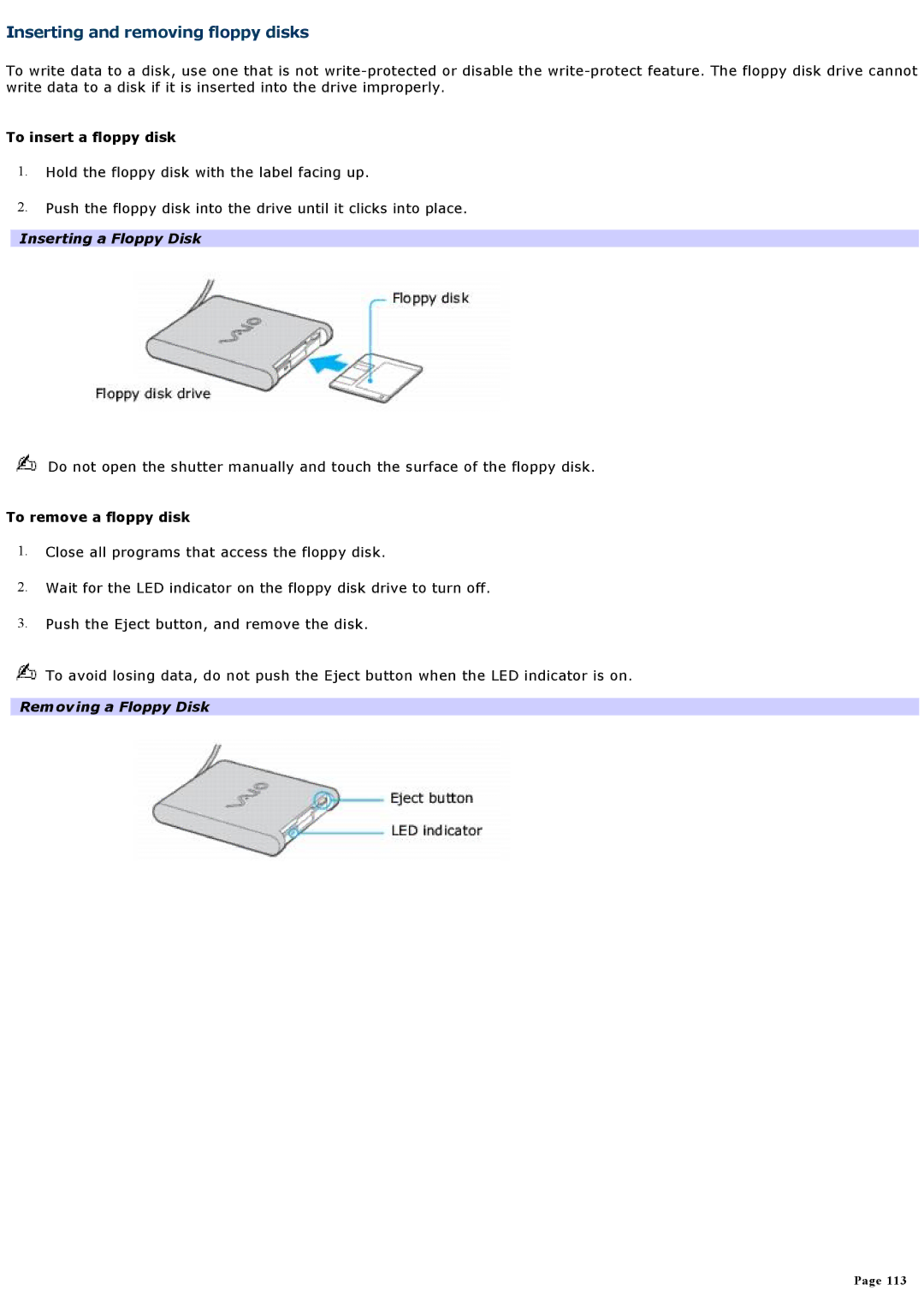 Sony VGNA200 Inserting and removing floppy disks, To insert a floppy disk, Inserting a Floppy Disk, Removing a Floppy Disk 