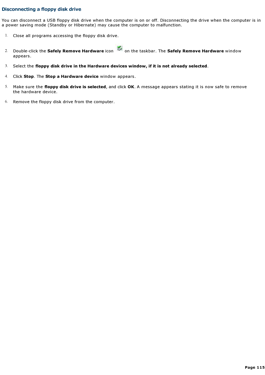 Sony VGNA200 specifications Disconnecting a floppy disk drive 