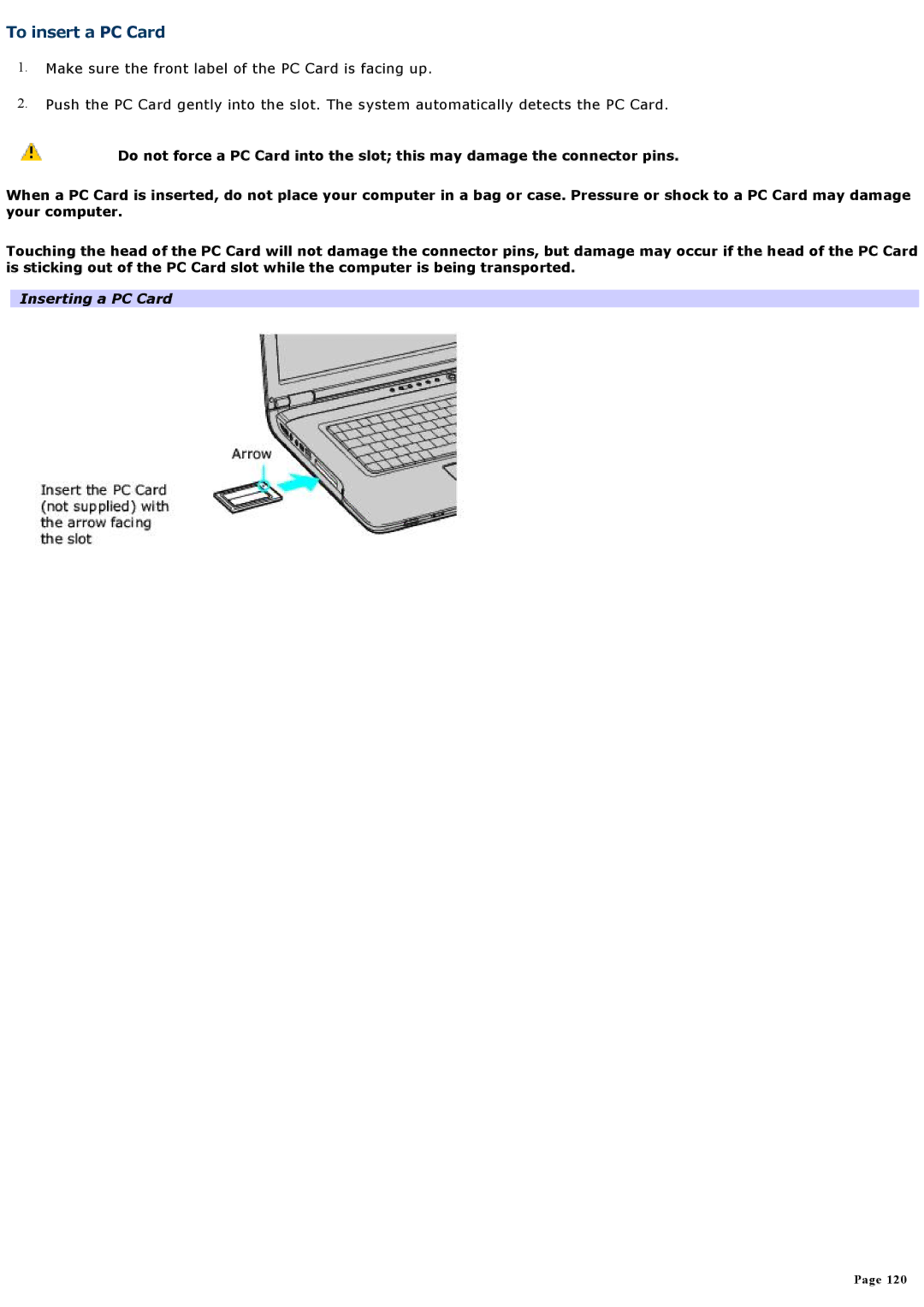 Sony VGNA200 specifications To insert a PC Card, Inserting a PC Card 