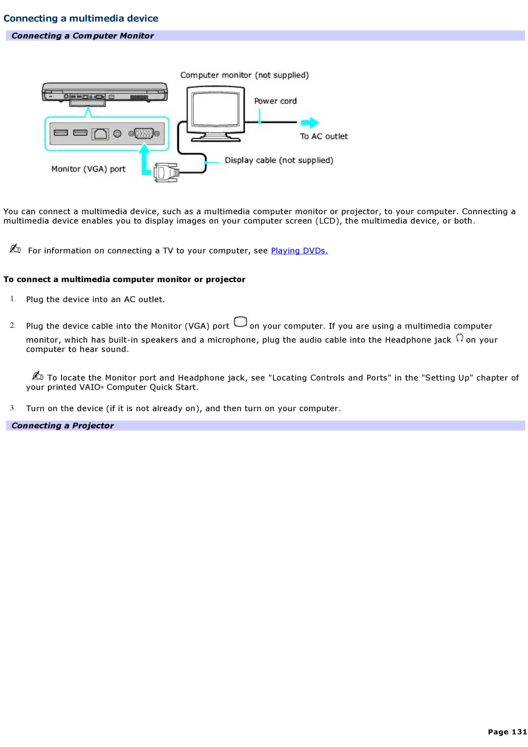 Sony VGNA200 specifications Connecting a multimedia device, Connecting a Computer Monitor, Connecting a Projector 