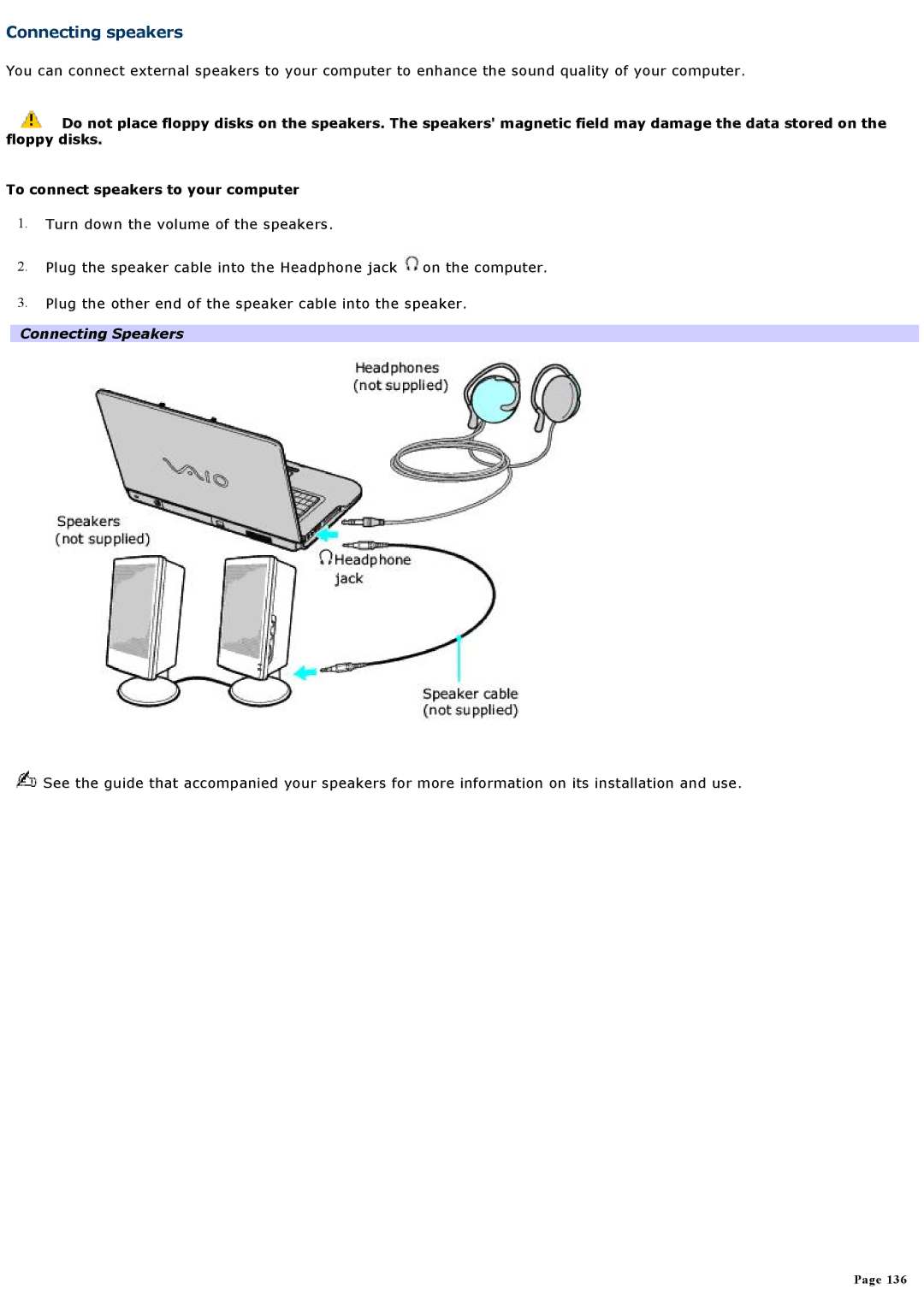 Sony VGNA200 specifications Connecting speakers, Connecting Speakers 