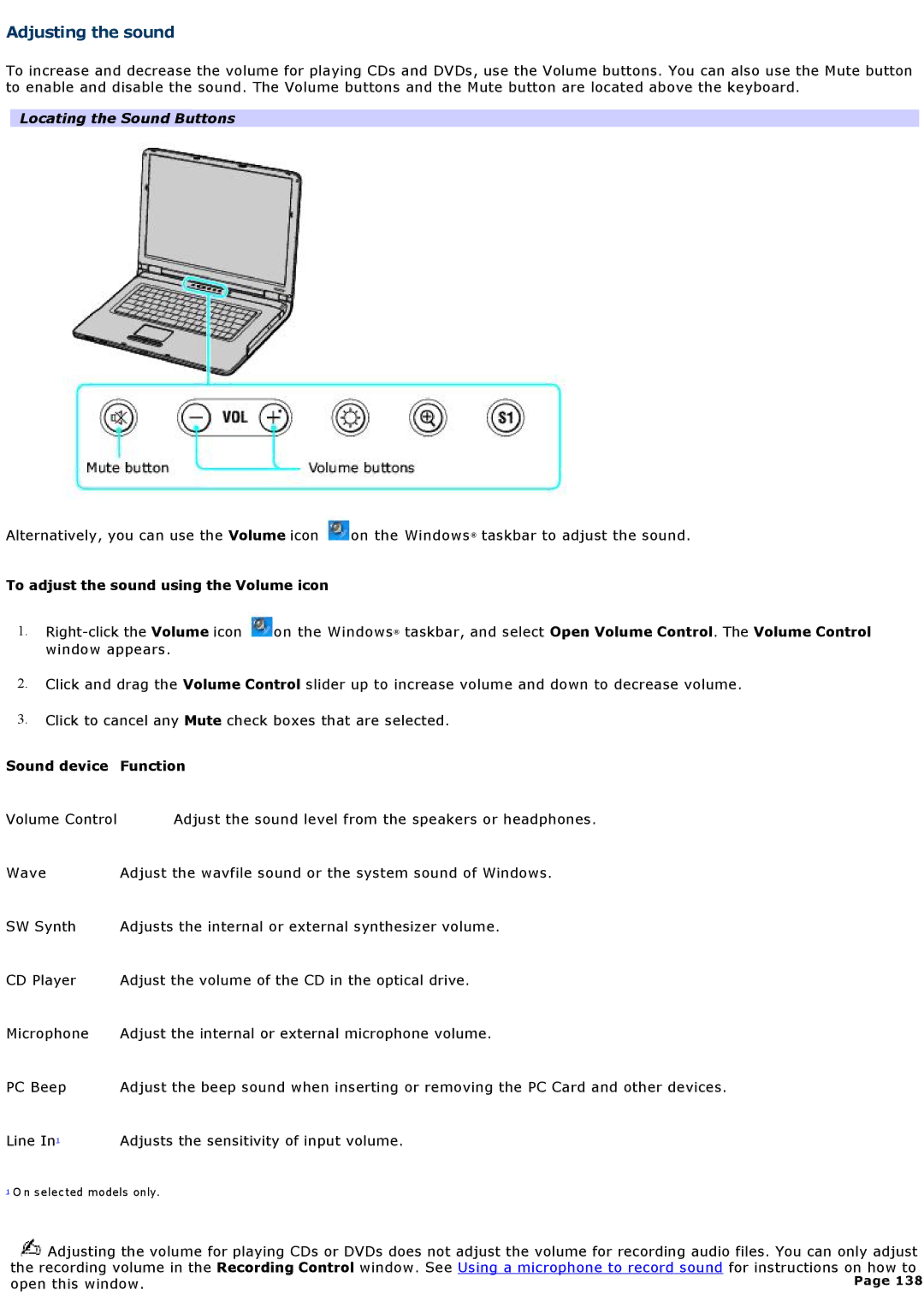 Sony VGNA200 specifications Adjusting the sound, Locating the Sound Buttons, To adjust the sound using the Volume icon 