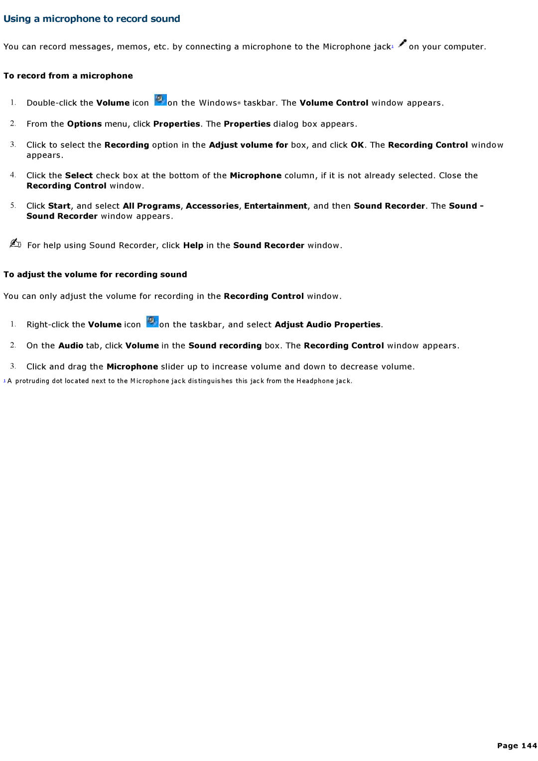 Sony VGNA200 specifications Using a microphone to record sound, To record from a microphone, Recording Control window 