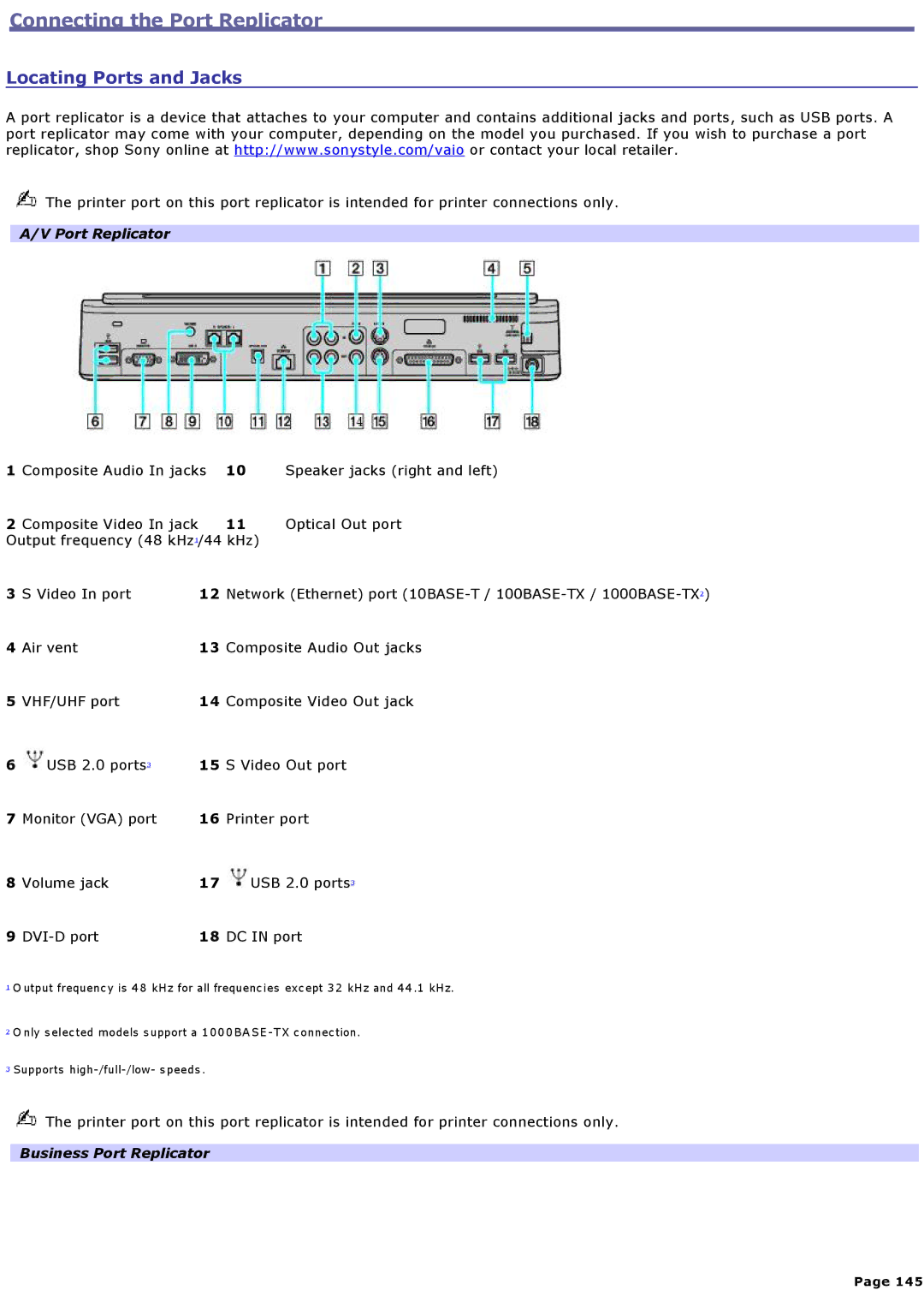 Sony VGNA200 specifications Connecting the Port Replicator, Locating Ports and Jacks 