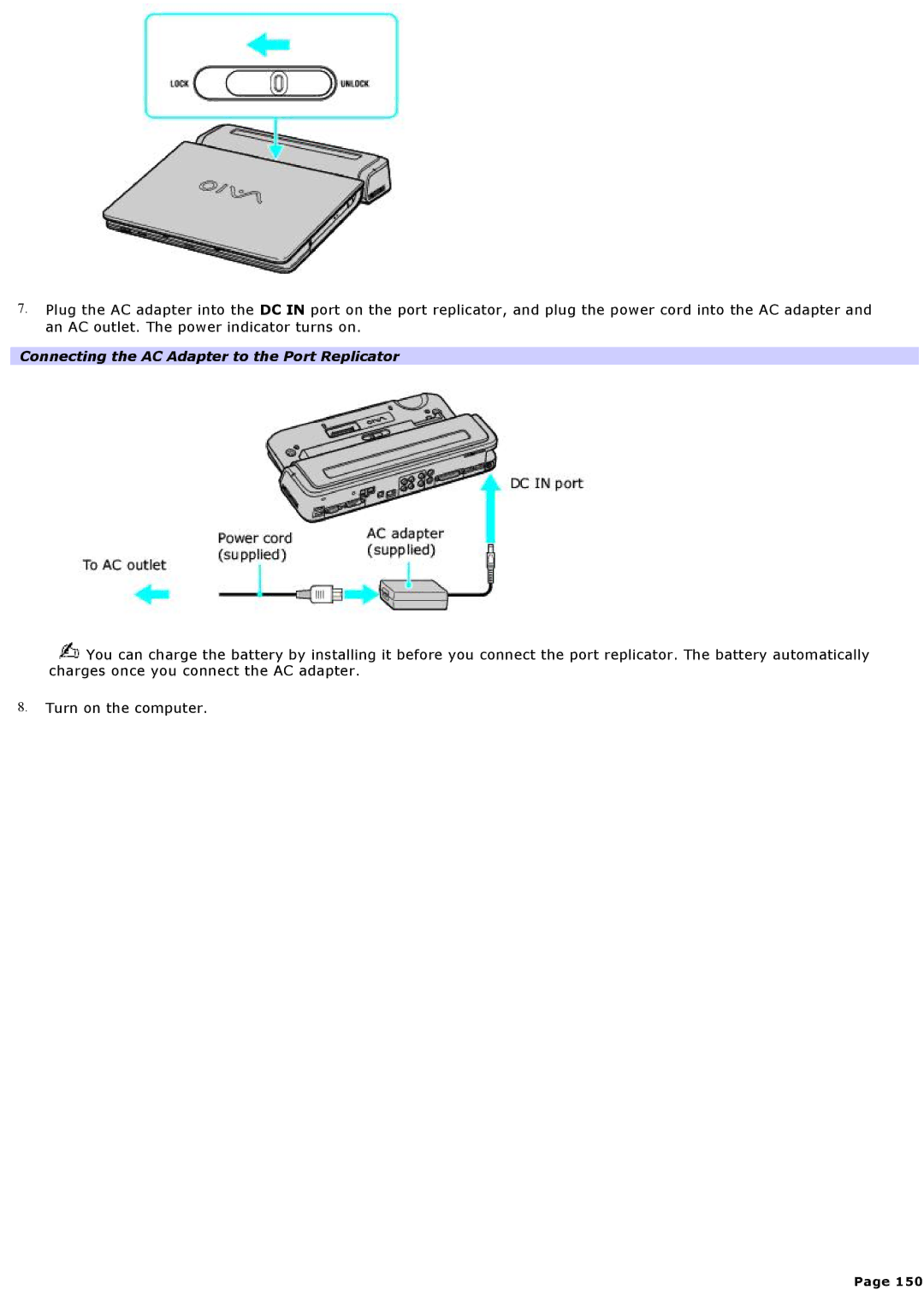 Sony VGNA200 specifications Connecting the AC Adapter to the Port Replicator 