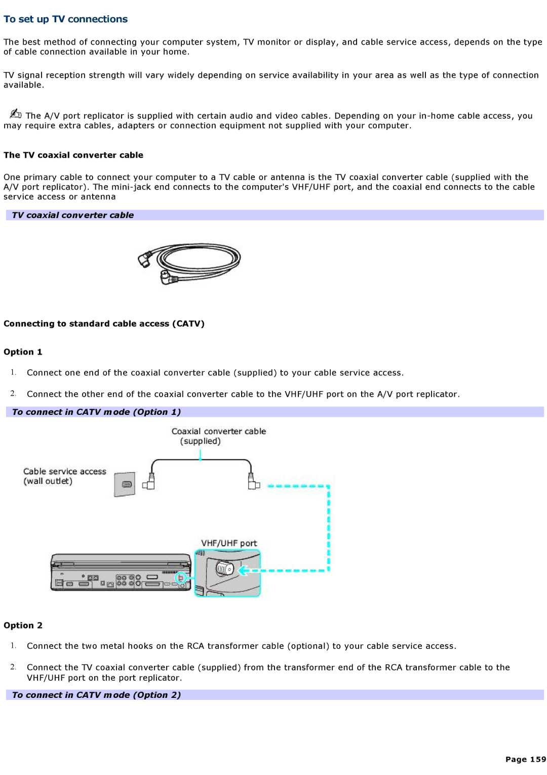 Sony VGNA200 To set up TV connections, TV coaxial converter cable, Connecting to standard cable access Catv Option 