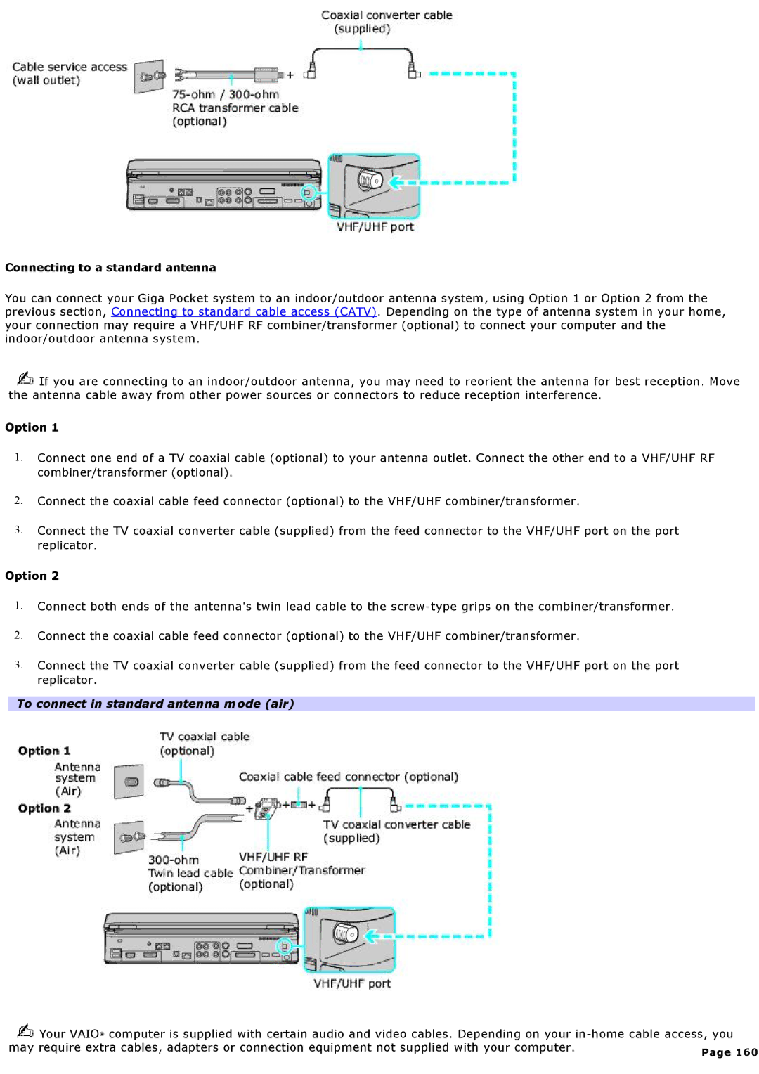 Sony VGNA200 specifications Connecting to a standard antenna, To connect in standard antenna mode air 