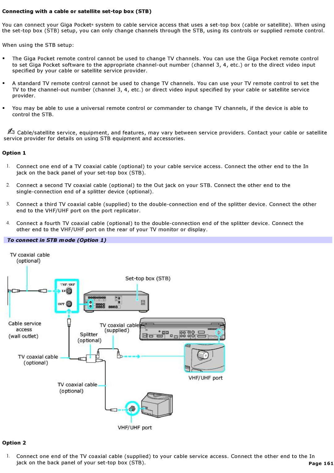 Sony VGNA200 specifications Connecting with a cable or satellite set-top box STB, To connect in STB mode Option 