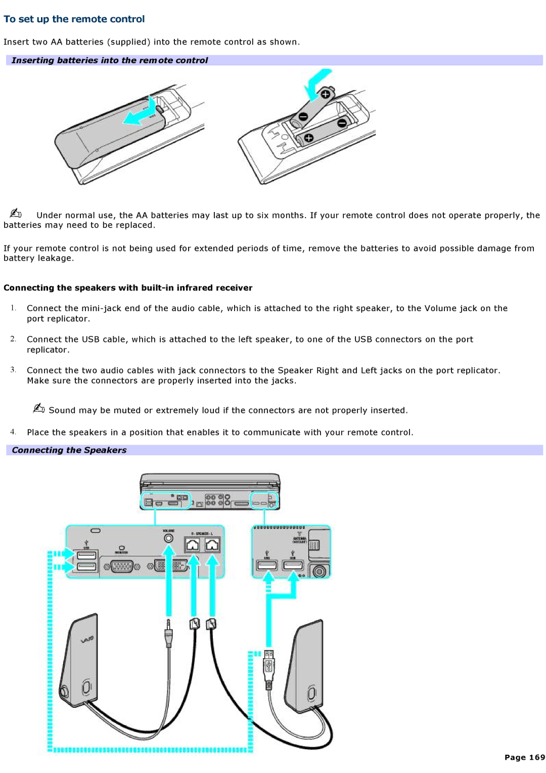 Sony VGNA200 To set up the remote control, Inserting batteries into the remote control, Connecting the Speakers 