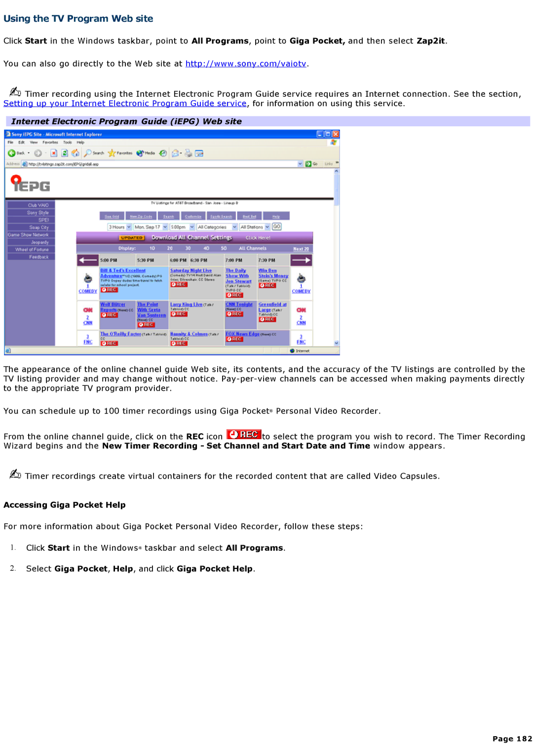 Sony VGNA200 Using the TV Program Web site, Internet Electronic Program Guide iEPG Web site, Accessing Giga Pocket Help 