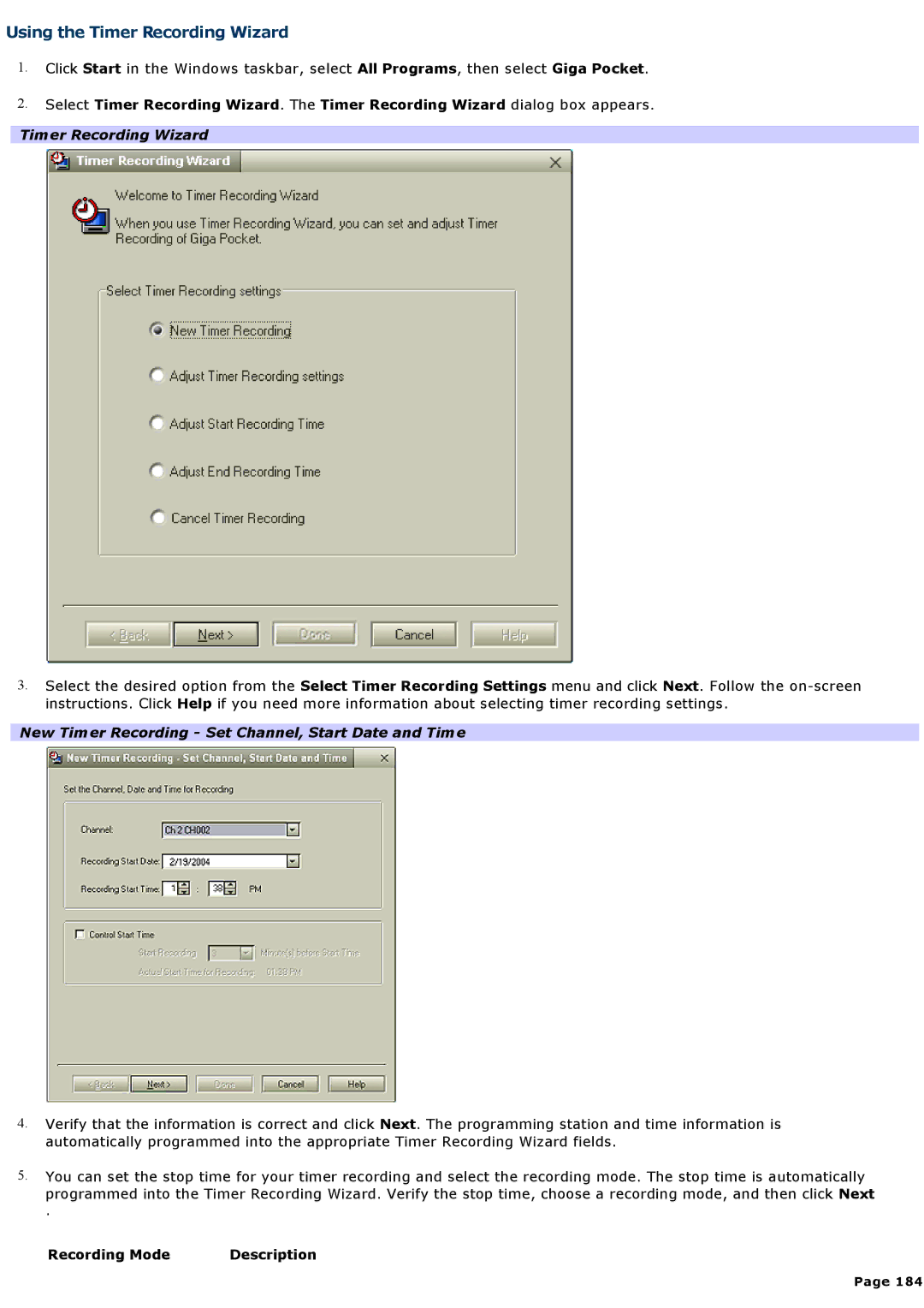 Sony VGNA200 specifications Using the Timer Recording Wizard, New Timer Recording Set Channel, Start Date and Time 