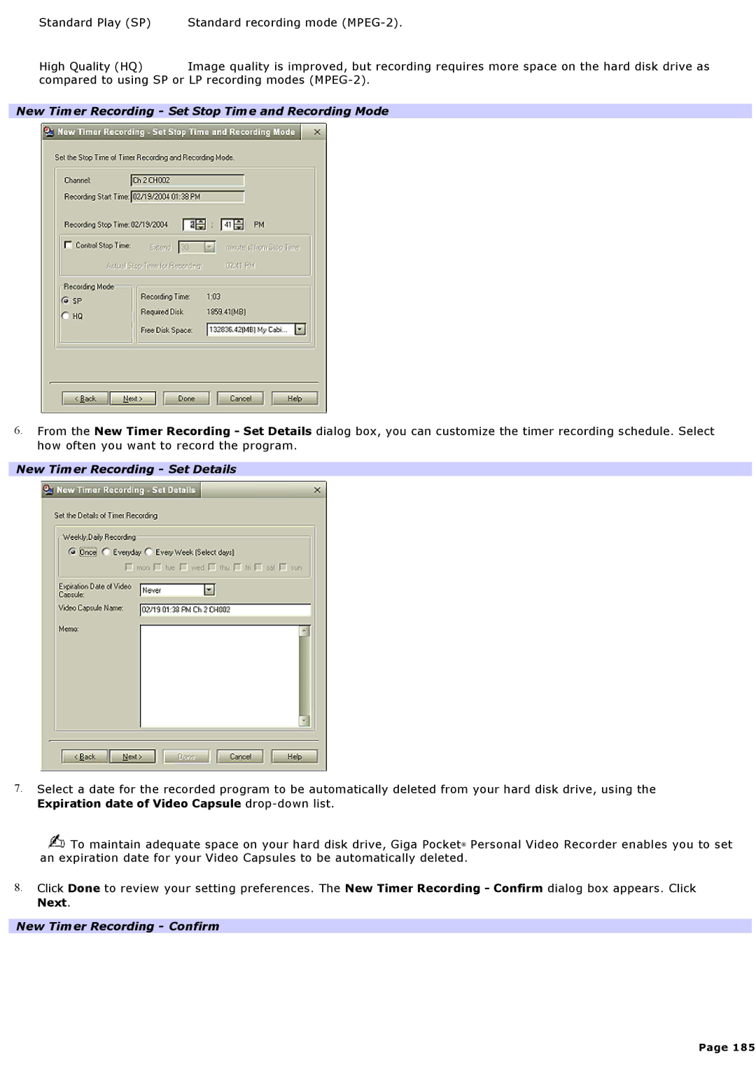 Sony VGNA200 specifications New Timer Recording Set Stop Time and Recording Mode, New Timer Recording Set Details, Next 