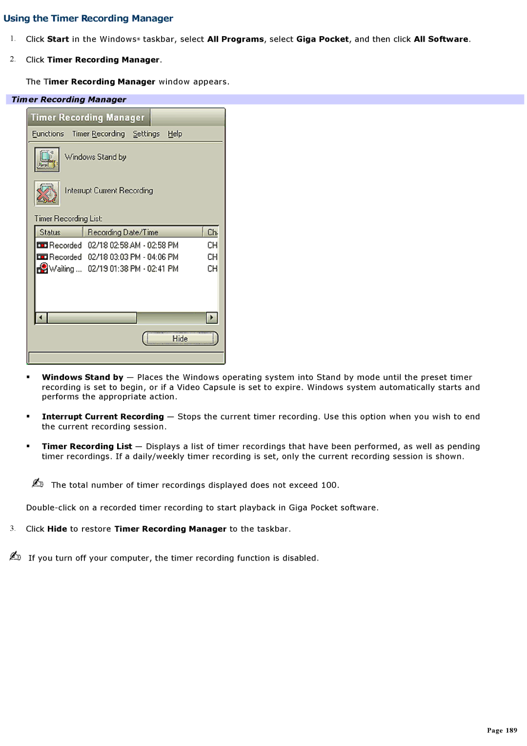 Sony VGNA200 specifications Using the Timer Recording Manager 