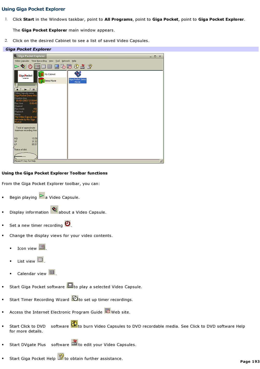 Sony VGNA200 specifications Using Giga Pocket Explorer, Using the Giga Pocket Explorer Toolbar functions 