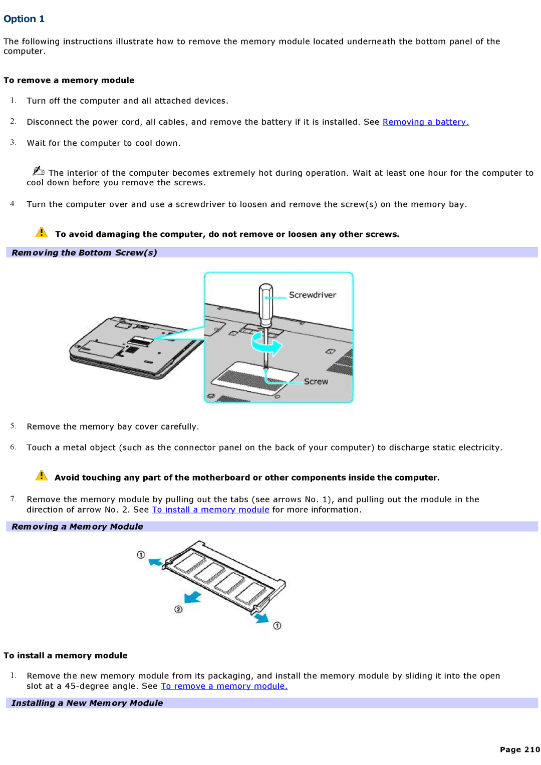 Sony VGNA200 specifications Option, Removing the Bottom Screws, Removing a Memory Module, Installing a New Memory Module 