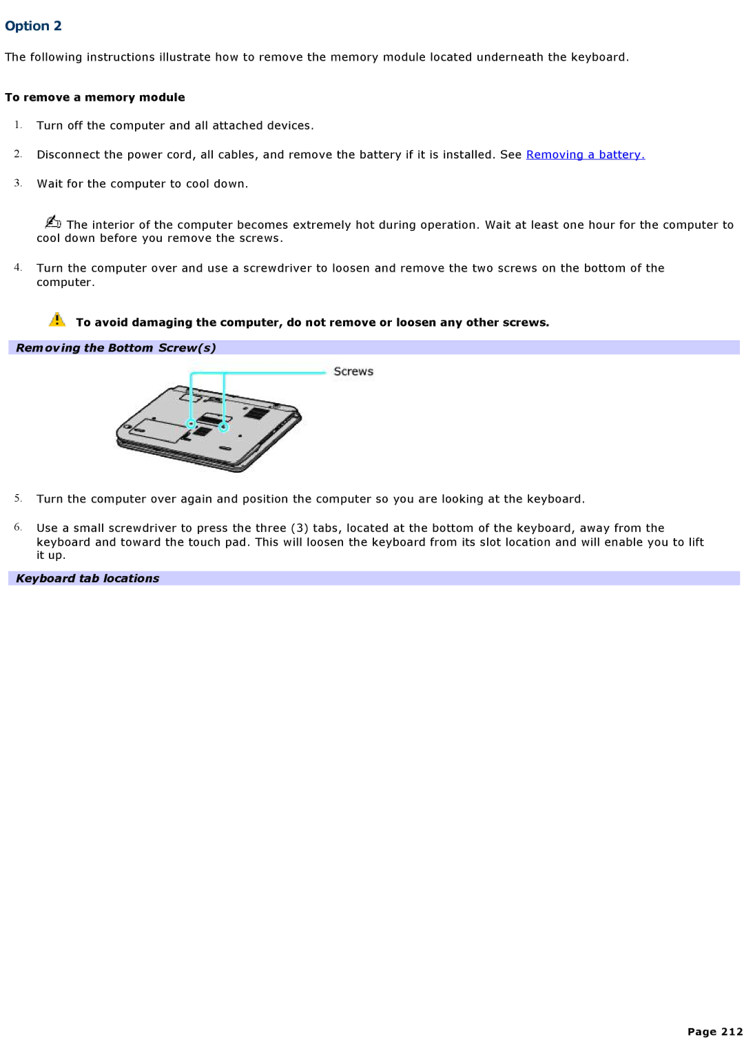 Sony VGNA200 specifications Keyboard tab locations 