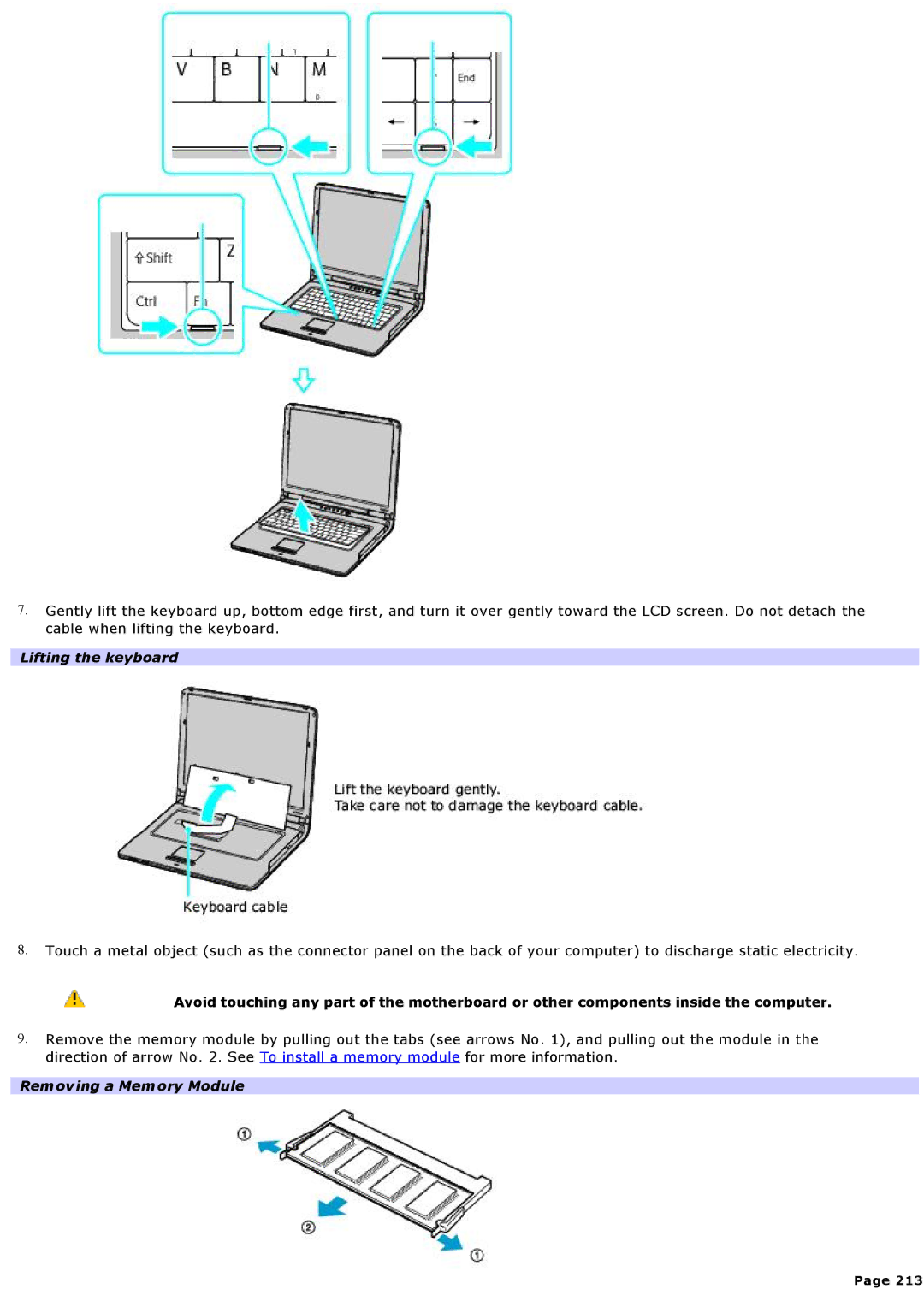 Sony VGNA200 specifications Lifting the keyboard, Removing a Memory Module 