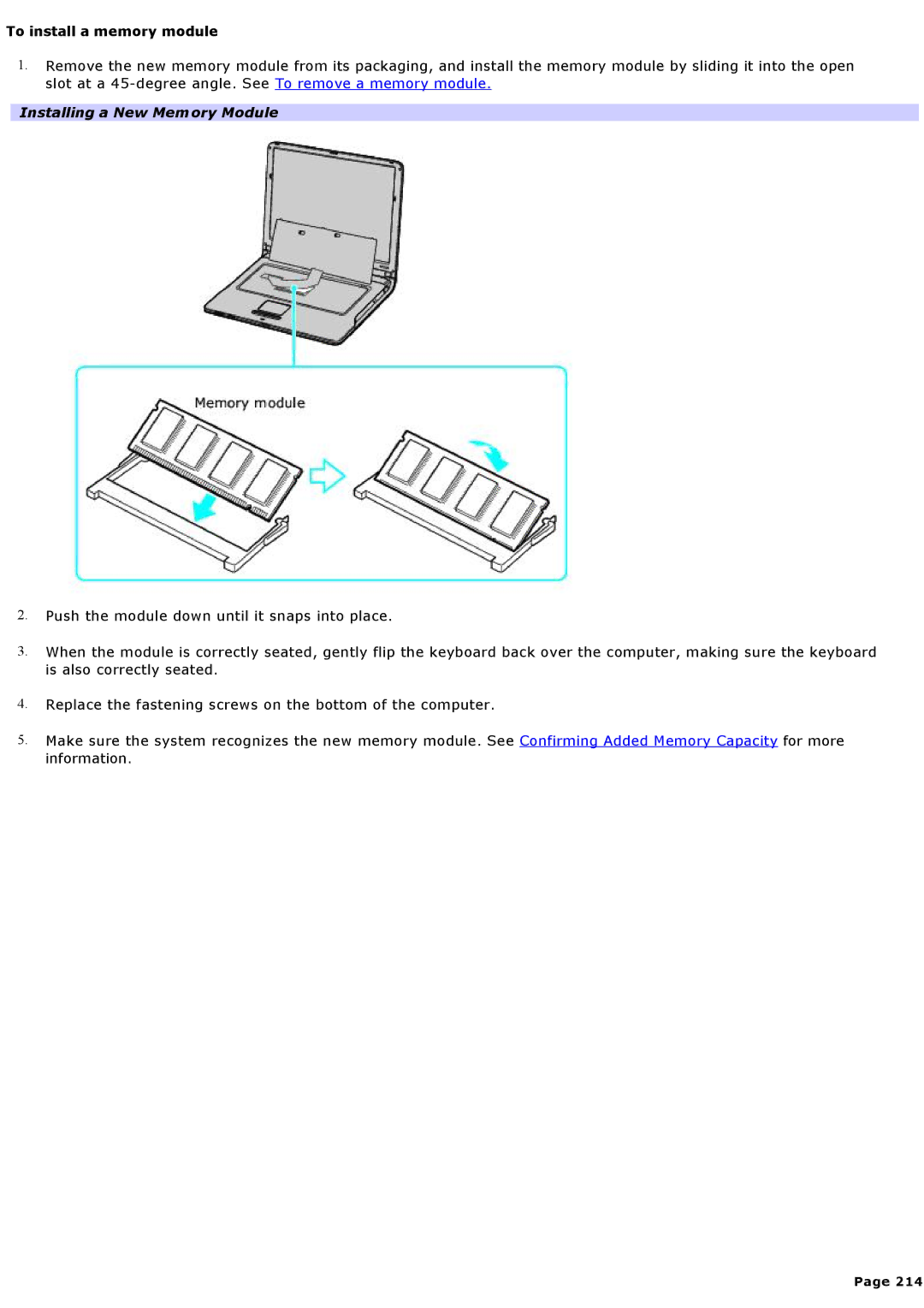 Sony VGNA200 specifications Installing a New Memory Module 