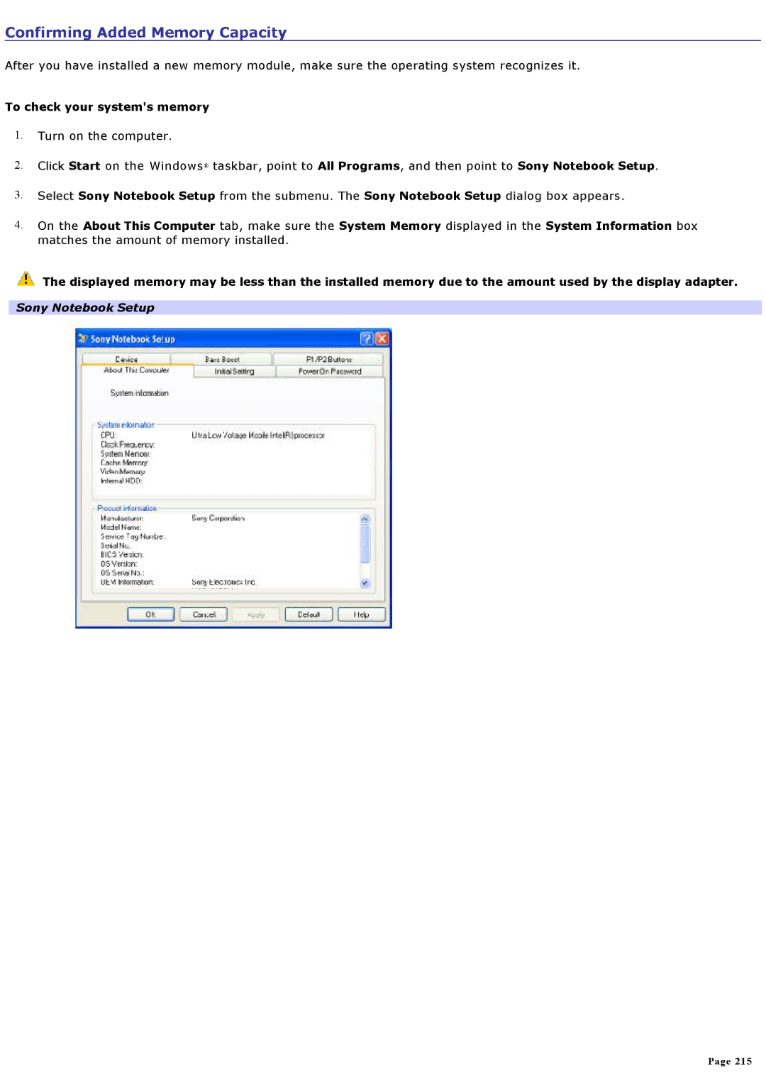 Sony VGNA200 specifications Confirming Added Memory Capacity, To check your systems memory 