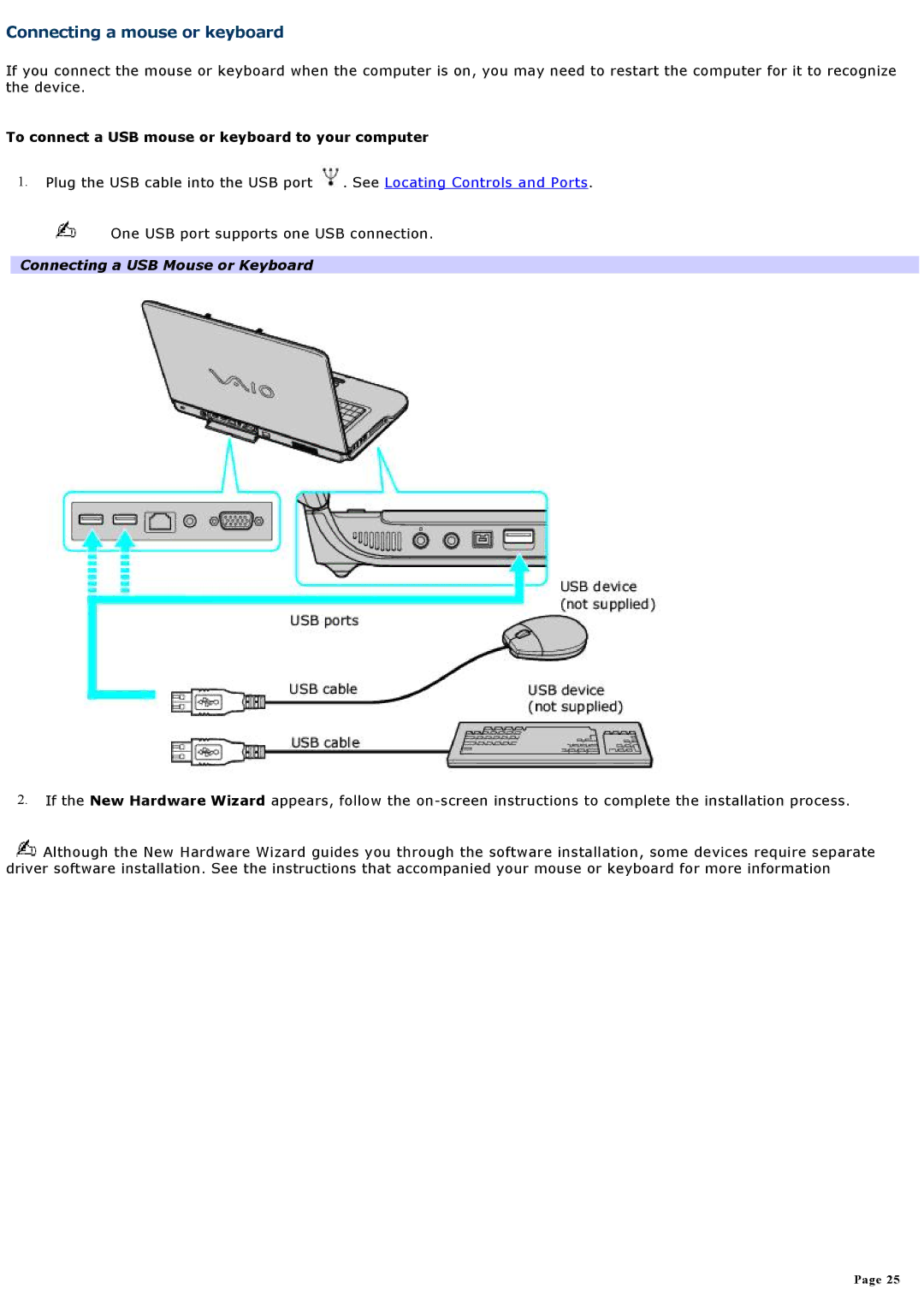 Sony VGNA200 specifications Connecting a mouse or keyboard, To connect a USB mouse or keyboard to your computer 