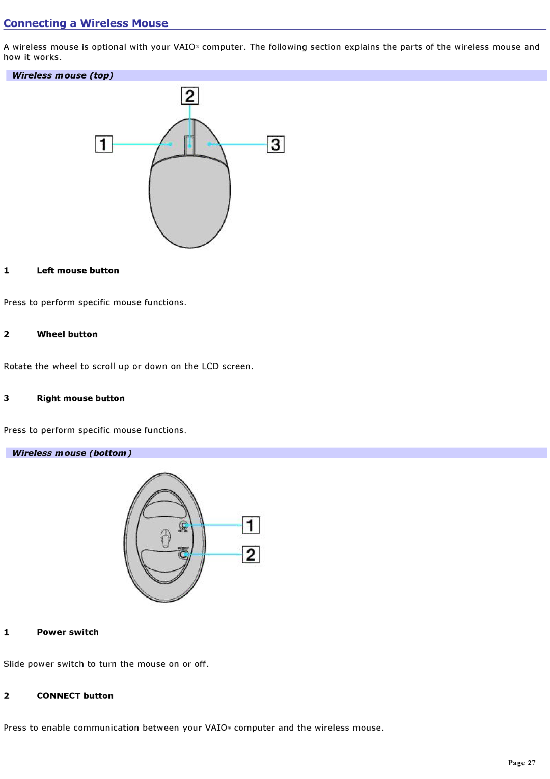 Sony VGNA200 specifications Connecting a Wireless Mouse, Wireless mouse top, Wireless mouse bottom 