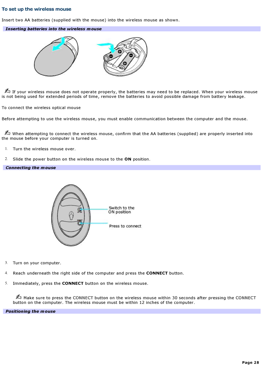 Sony VGNA200 specifications To set up the wireless mouse, Inserting batteries into the wireless mouse, Connecting the mouse 