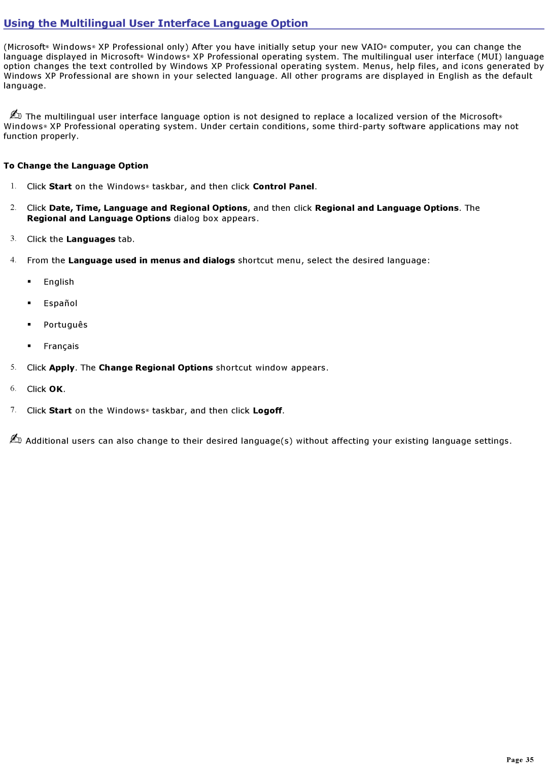 Sony VGNA200 specifications Using the Multilingual User Interface Language Option, To Change the Language Option 