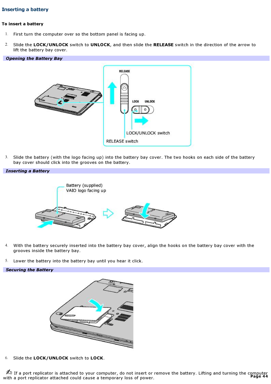 Sony VGNA200 Inserting a battery, To insert a battery, Opening the Battery Bay, Inserting a Battery, Securing the Battery 