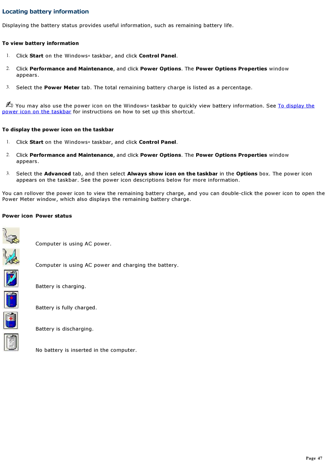 Sony VGNA200 Locating battery information, To view battery information, To display the power icon on the taskbar 