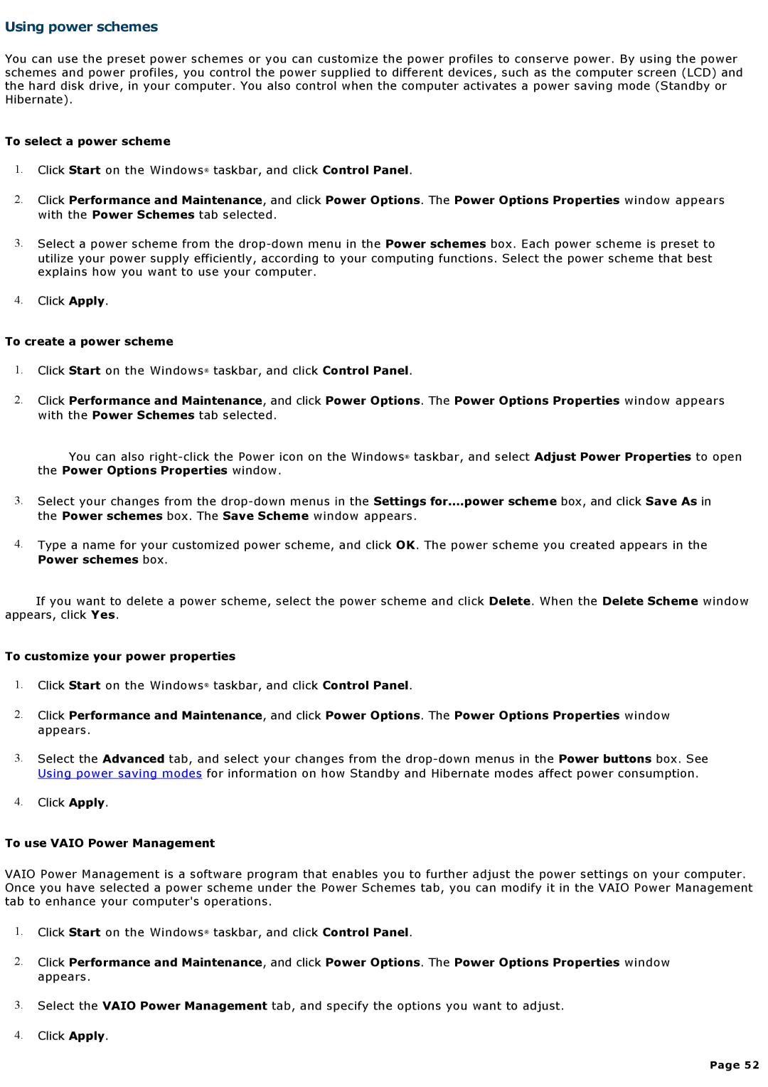 Sony VGNA200 specifications Using power schemes 