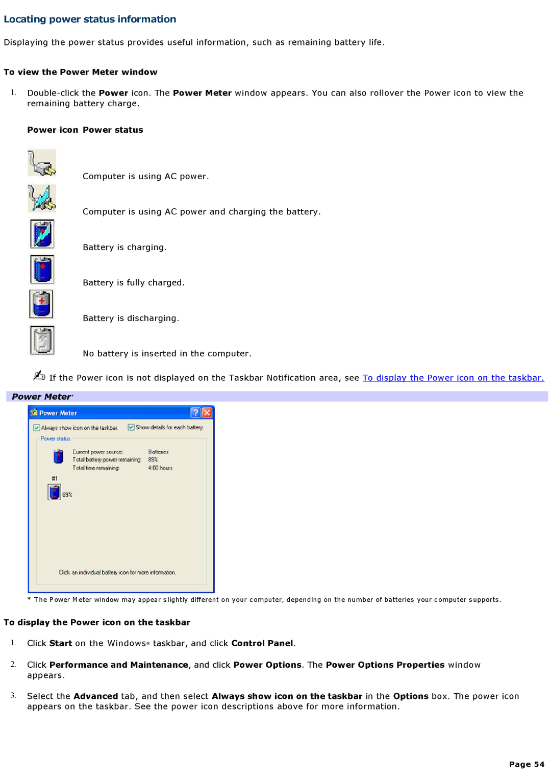 Sony VGNA200 specifications Locating power status information, To view the Power Meter window 