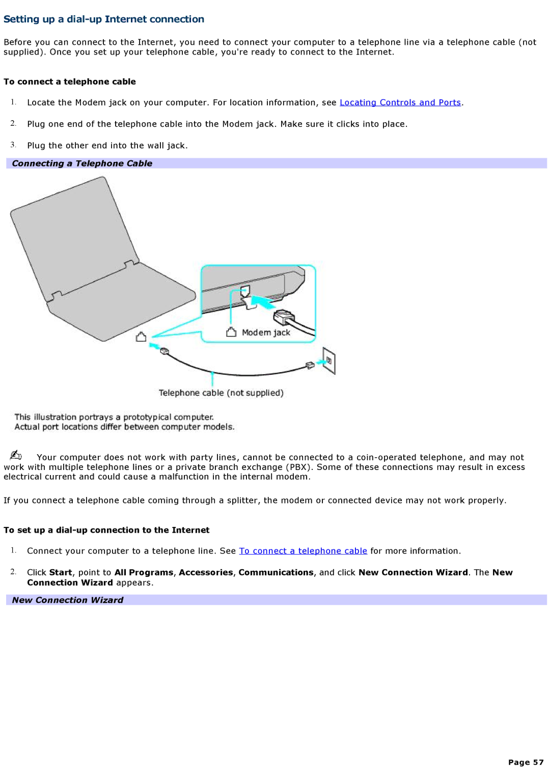 Sony VGNA200 Setting up a dial-up Internet connection, To connect a telephone cable, Connecting a Telephone Cable 