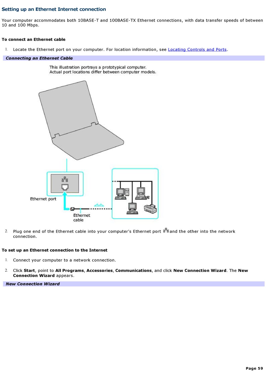 Sony VGNA200 Setting up an Ethernet Internet connection, To connect an Ethernet cable, Connecting an Ethernet Cable 