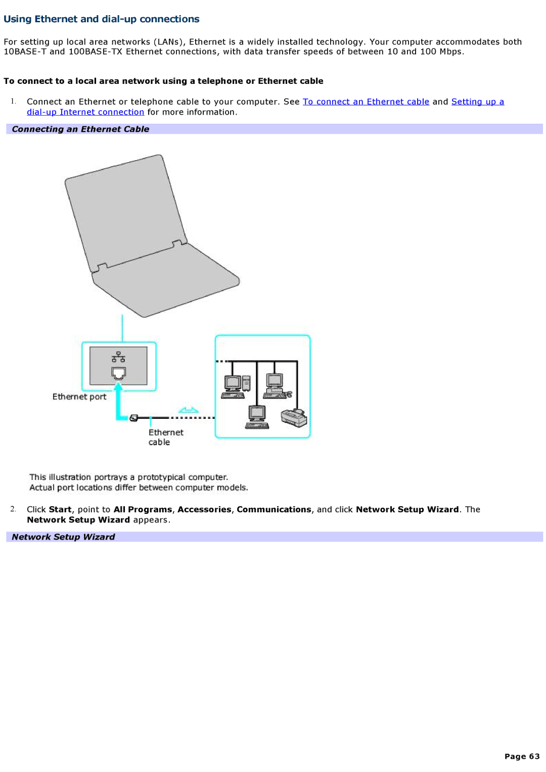 Sony VGNA200 specifications Using Ethernet and dial-up connections, Network Setup Wizard 