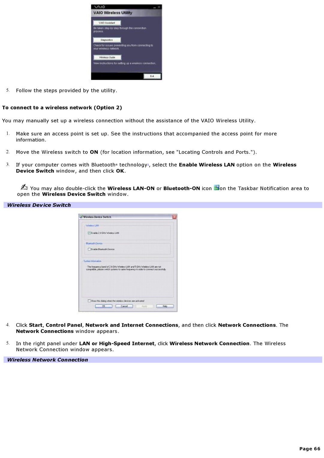 Sony VGNA200 specifications Wireless Network Connection 