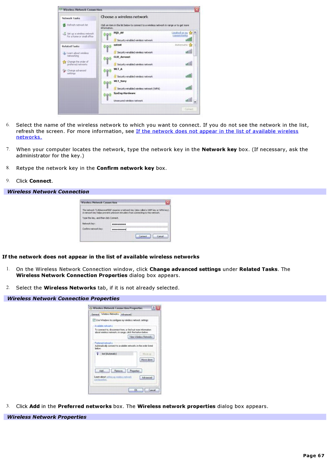 Sony VGNA200 specifications Wireless Network Connection Properties dialog box appears, Wireless Network Properties 