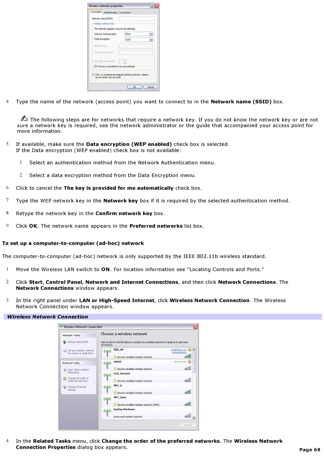 Sony VGNA200 specifications To set up a computer-to-computer ad-hoc network 