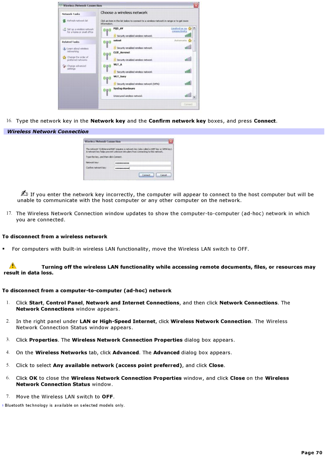 Sony VGNA200 specifications To disconnect from a wireless network 