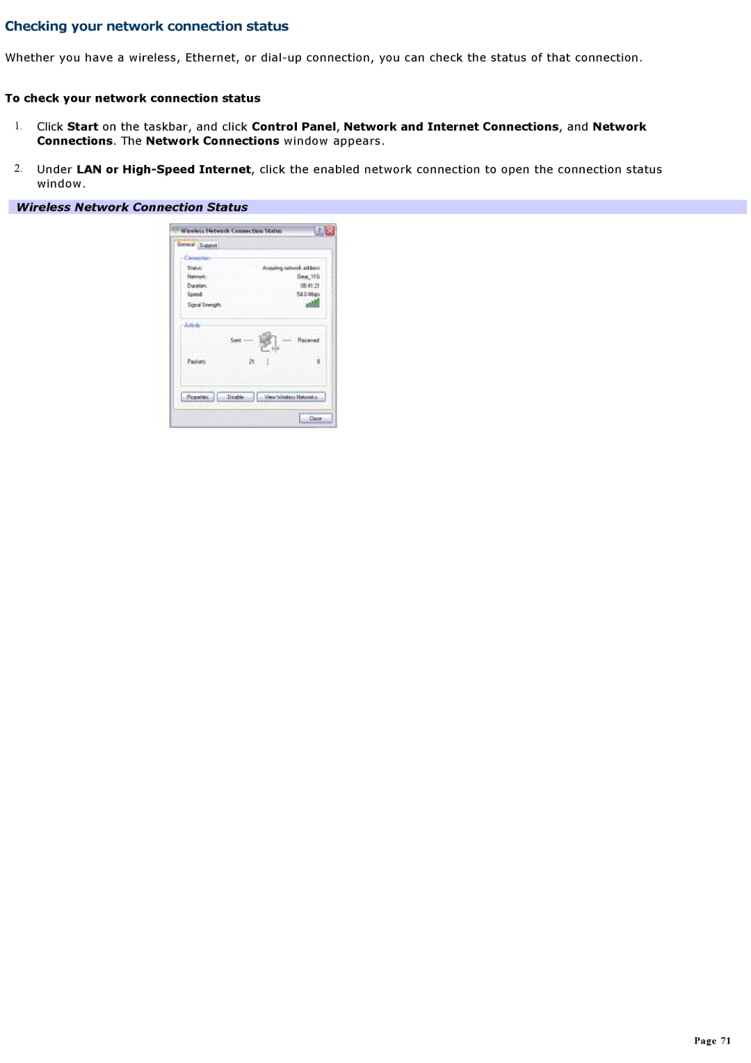 Sony VGNA200 specifications Checking your network connection status, Wireless Network Connection Status 