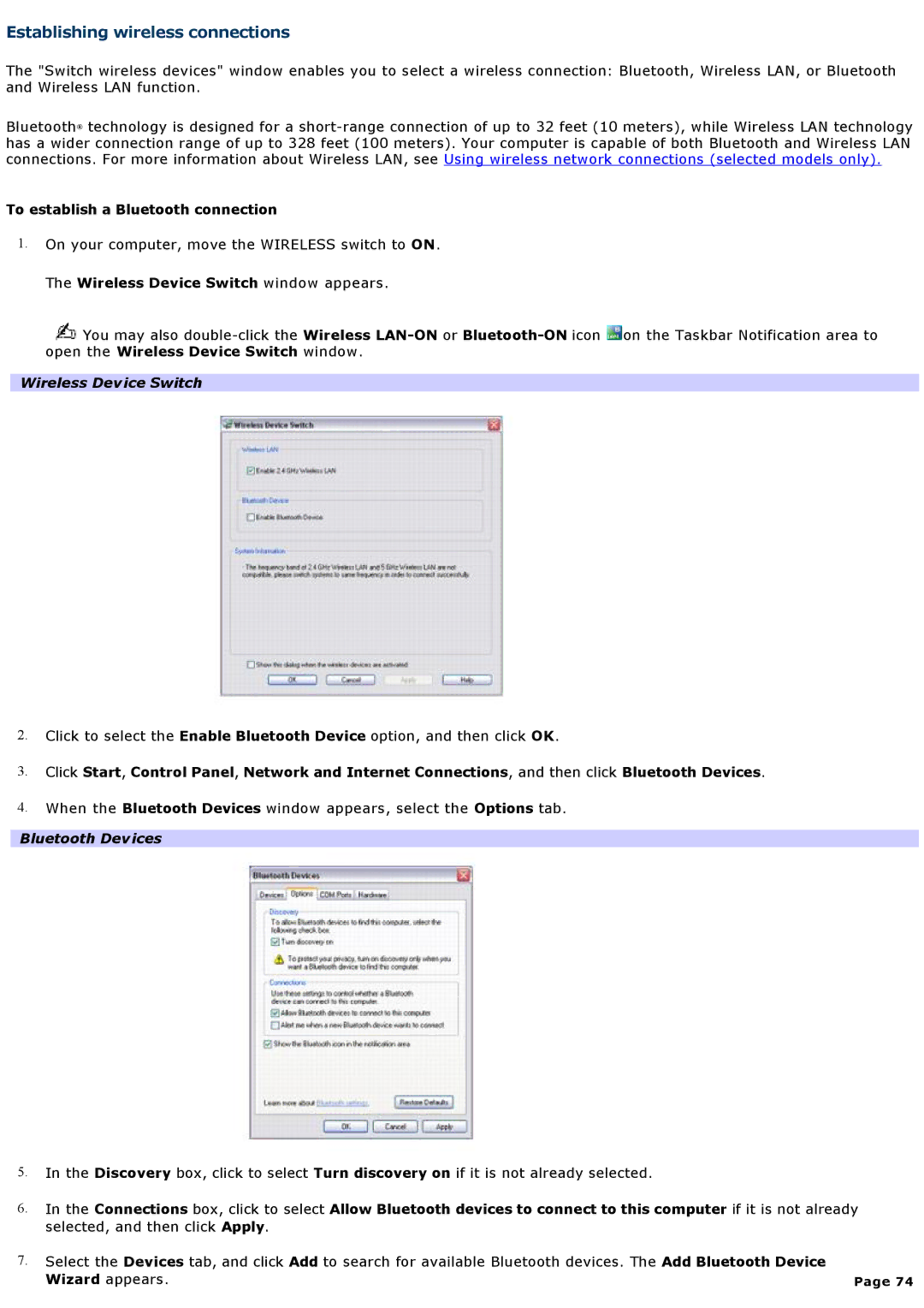 Sony VGNA200 Establishing wireless connections, To establish a Bluetooth connection, Wireless Device Switch window appears 