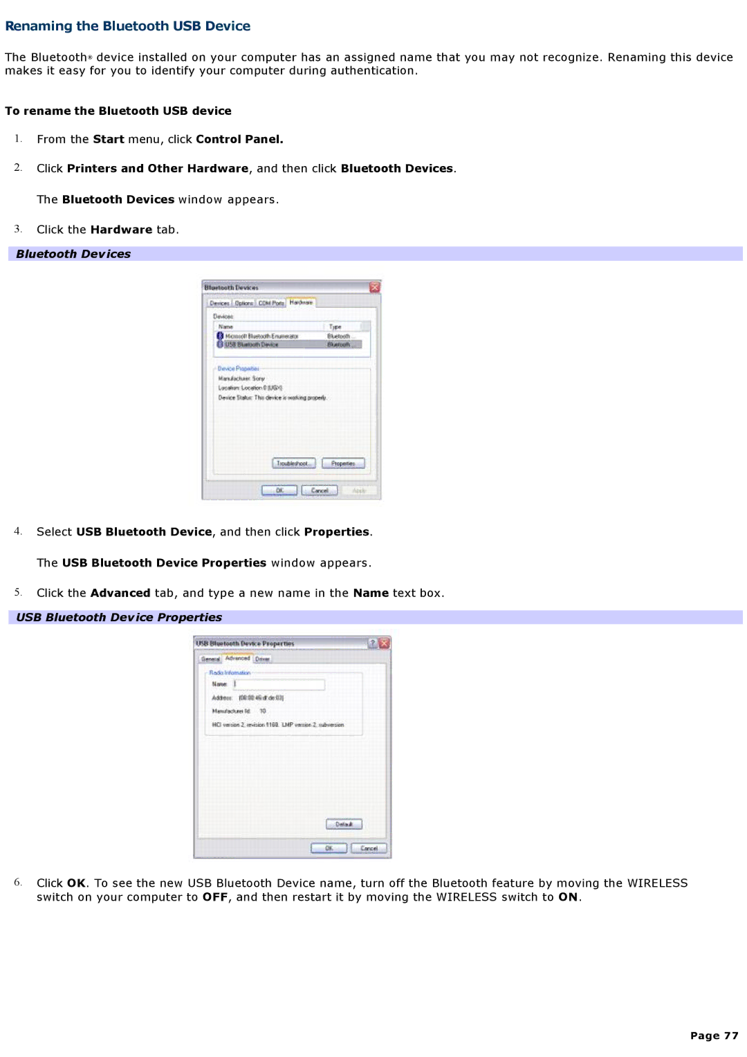 Sony VGNA200 Renaming the Bluetooth USB Device, To rename the Bluetooth USB device, USB Bluetooth Device Properties 