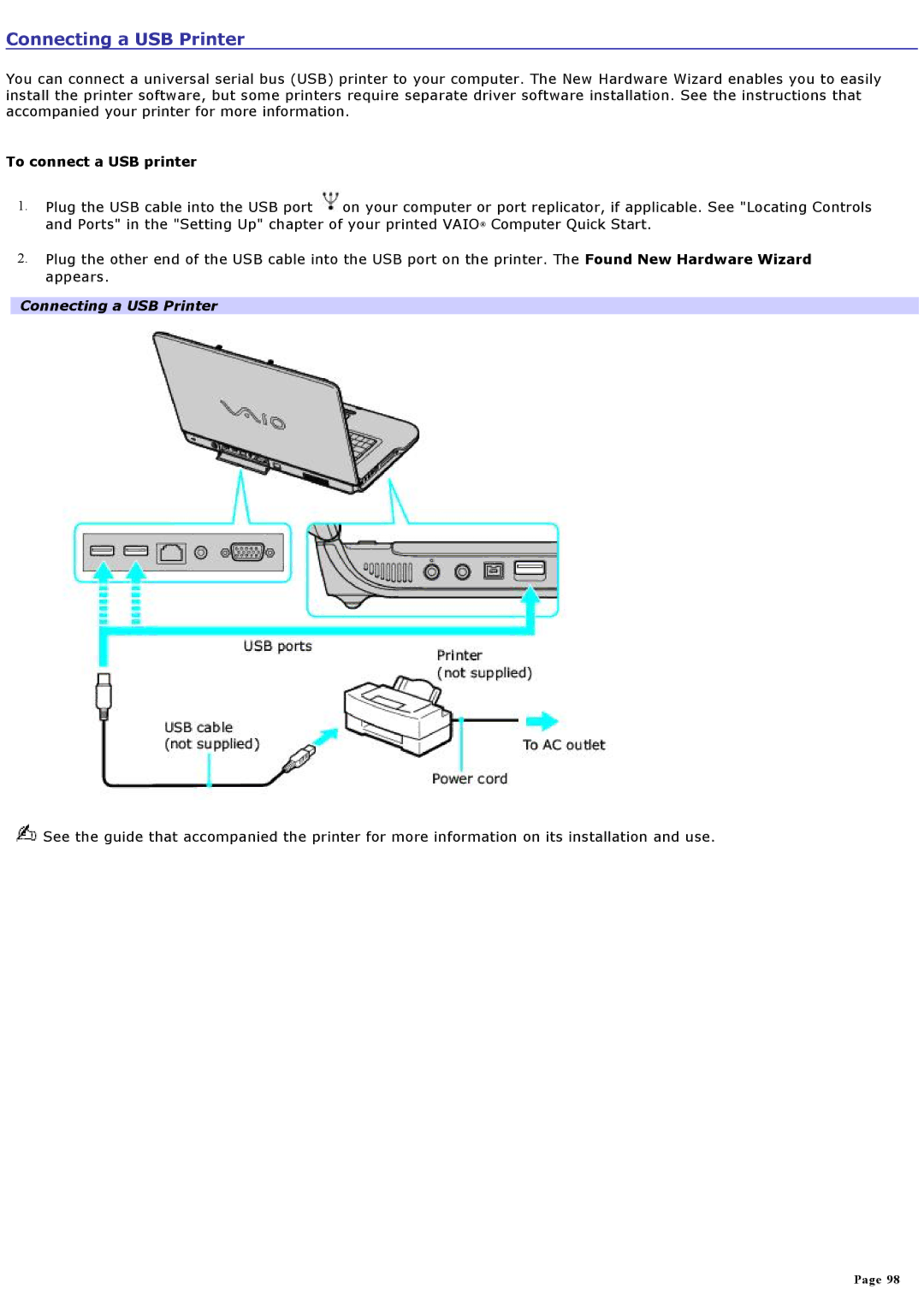 Sony VGNA200 specifications Connecting a USB Printer, To connect a USB printer 