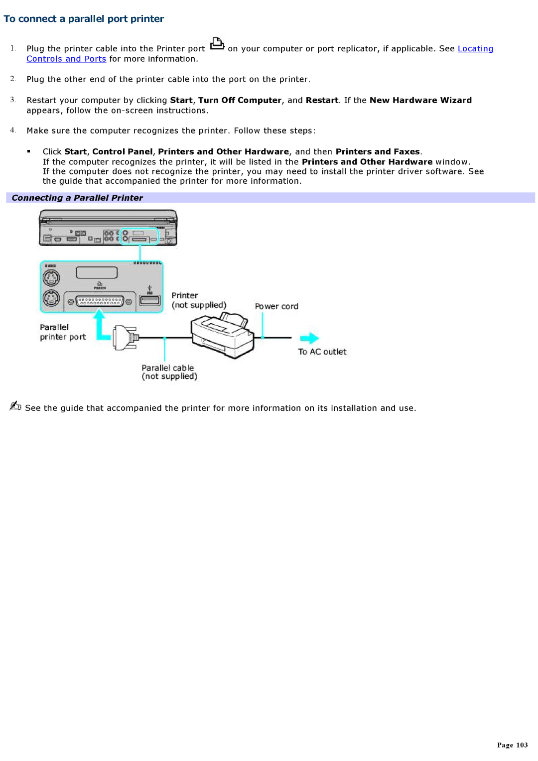 Sony VGNA600 specifications To connect a parallel port printer, Connecting a Parallel Printer 