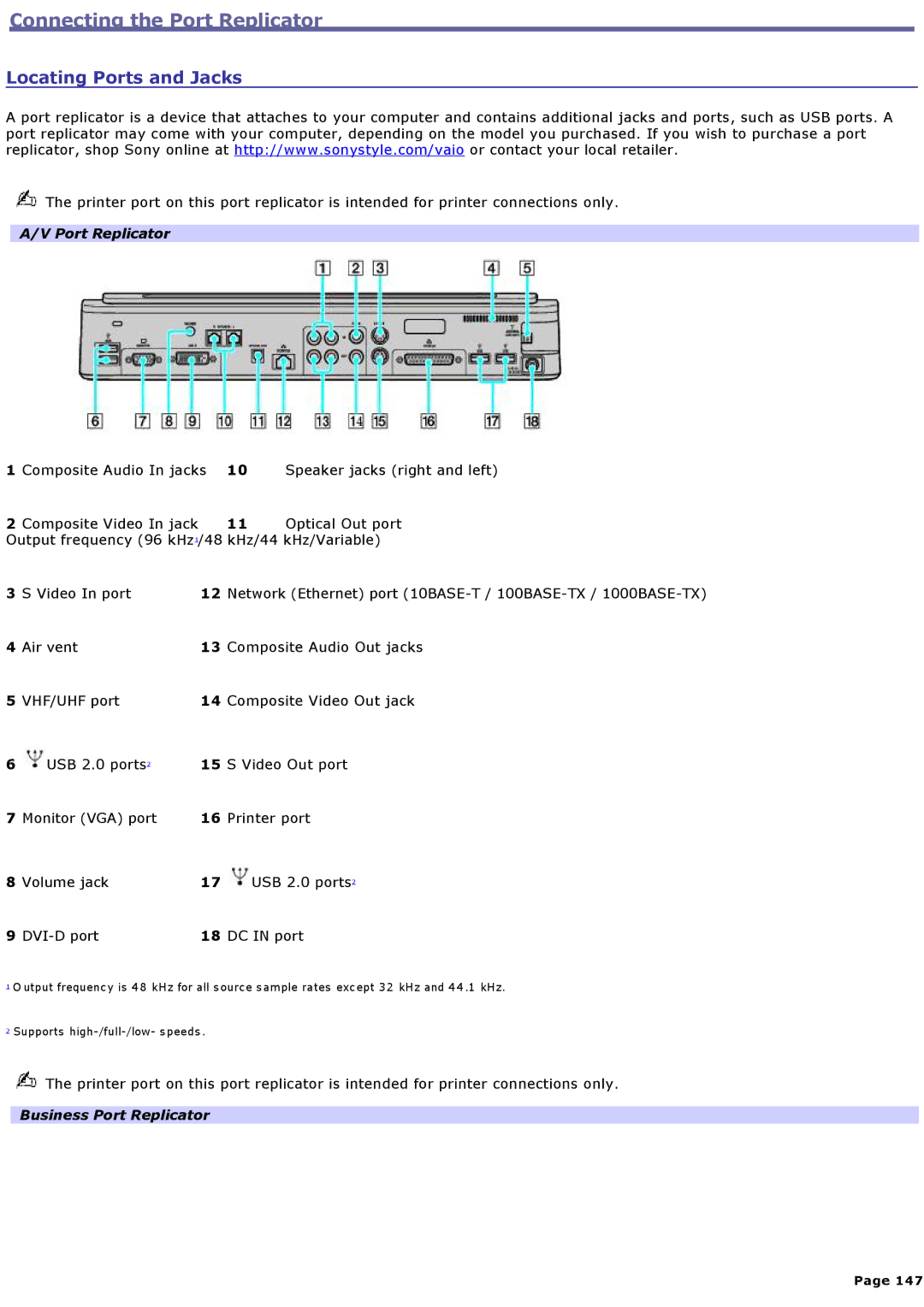 Sony VGNA600 specifications Connecting the Port Replicator, Locating Ports and Jacks 