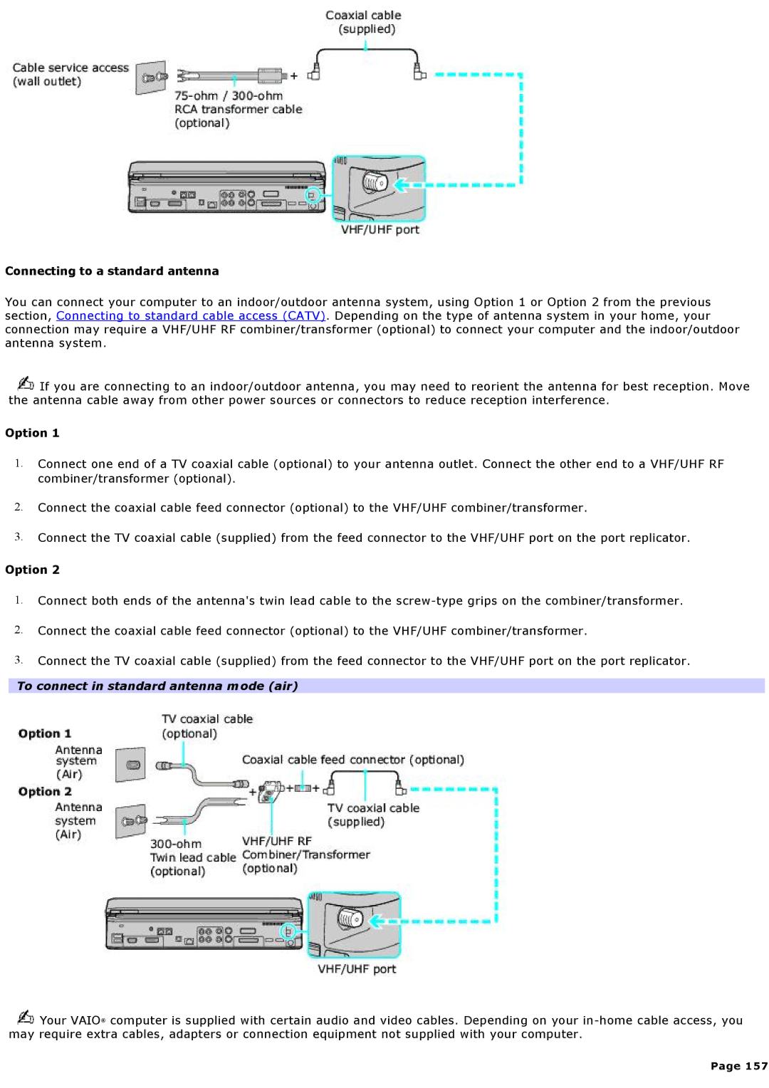 Sony VGNA600 specifications Connecting to a standard antenna, To connect in standard antenna mode air 