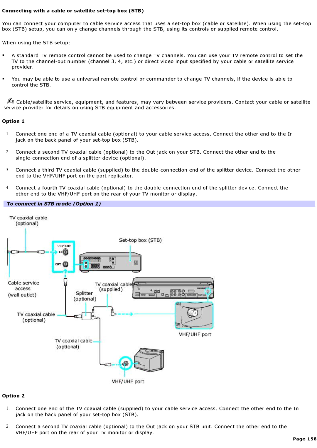 Sony VGNA600 specifications Connecting with a cable or satellite set-top box STB, To connect in STB mode Option 