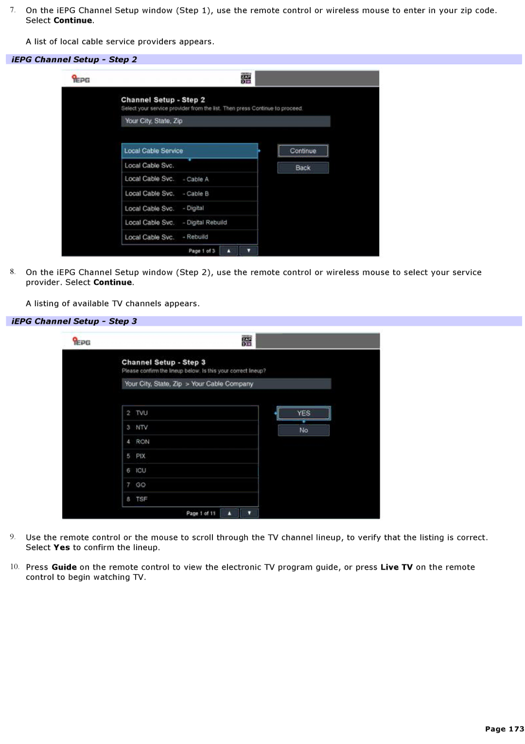 Sony VGNA600 specifications IEPG Channel Setup Step 