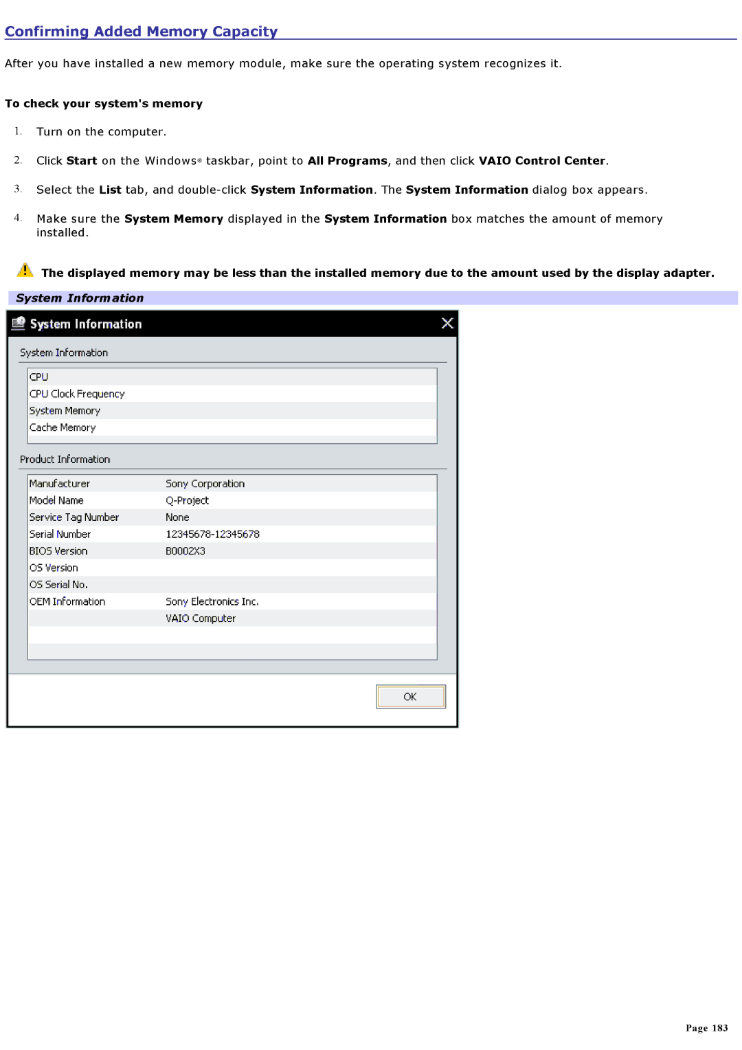 Sony VGNA600 specifications Confirming Added Memory Capacity, To check your systems memory 