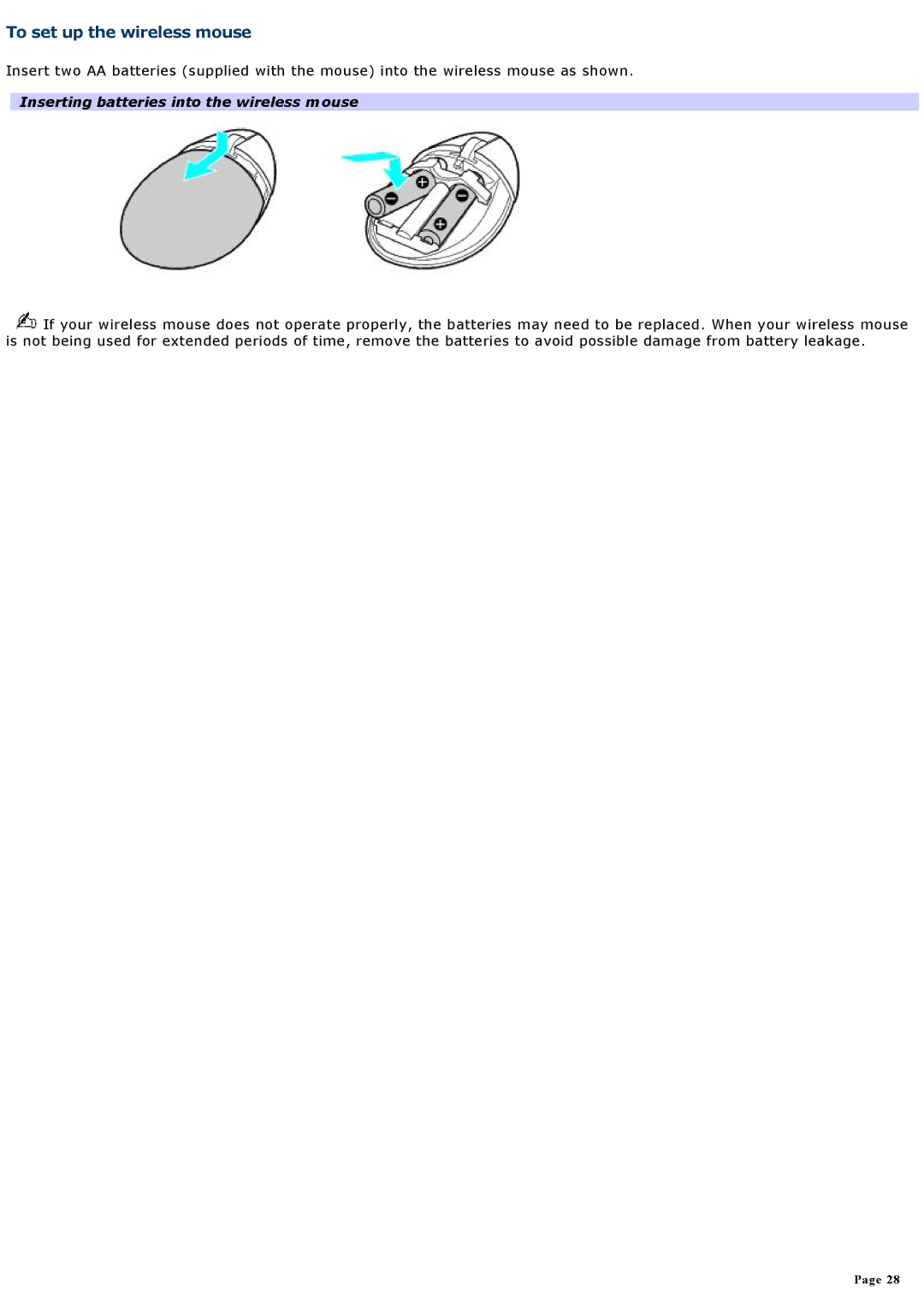 Sony VGNA600 specifications To set up the wireless mouse, Inserting batteries into the wireless mouse 