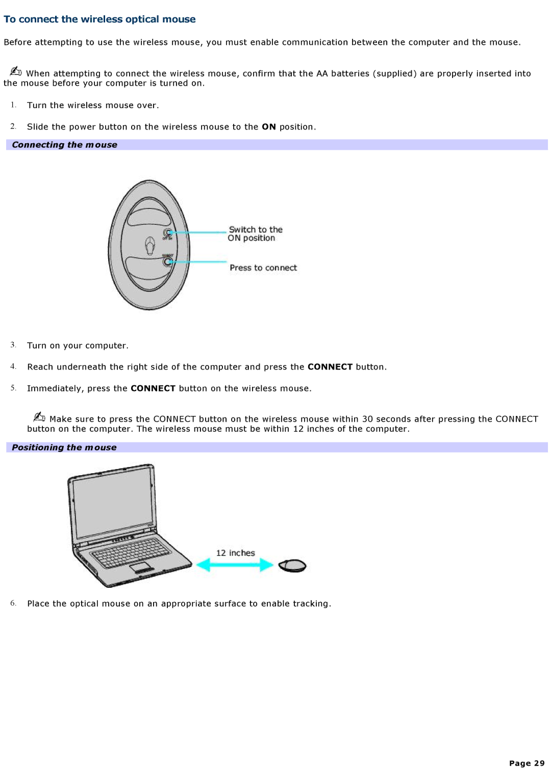 Sony VGNA600 specifications To connect the wireless optical mouse, Connecting the mouse, Positioning the mouse 